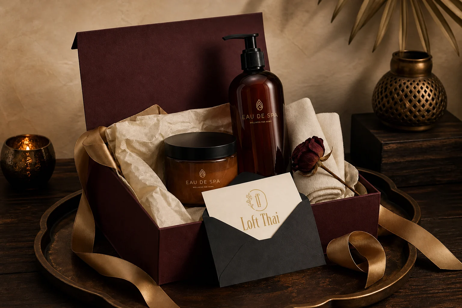 Spa & Massage gift box presentation with EAU DE SPA products and a Loft Thai voucher card