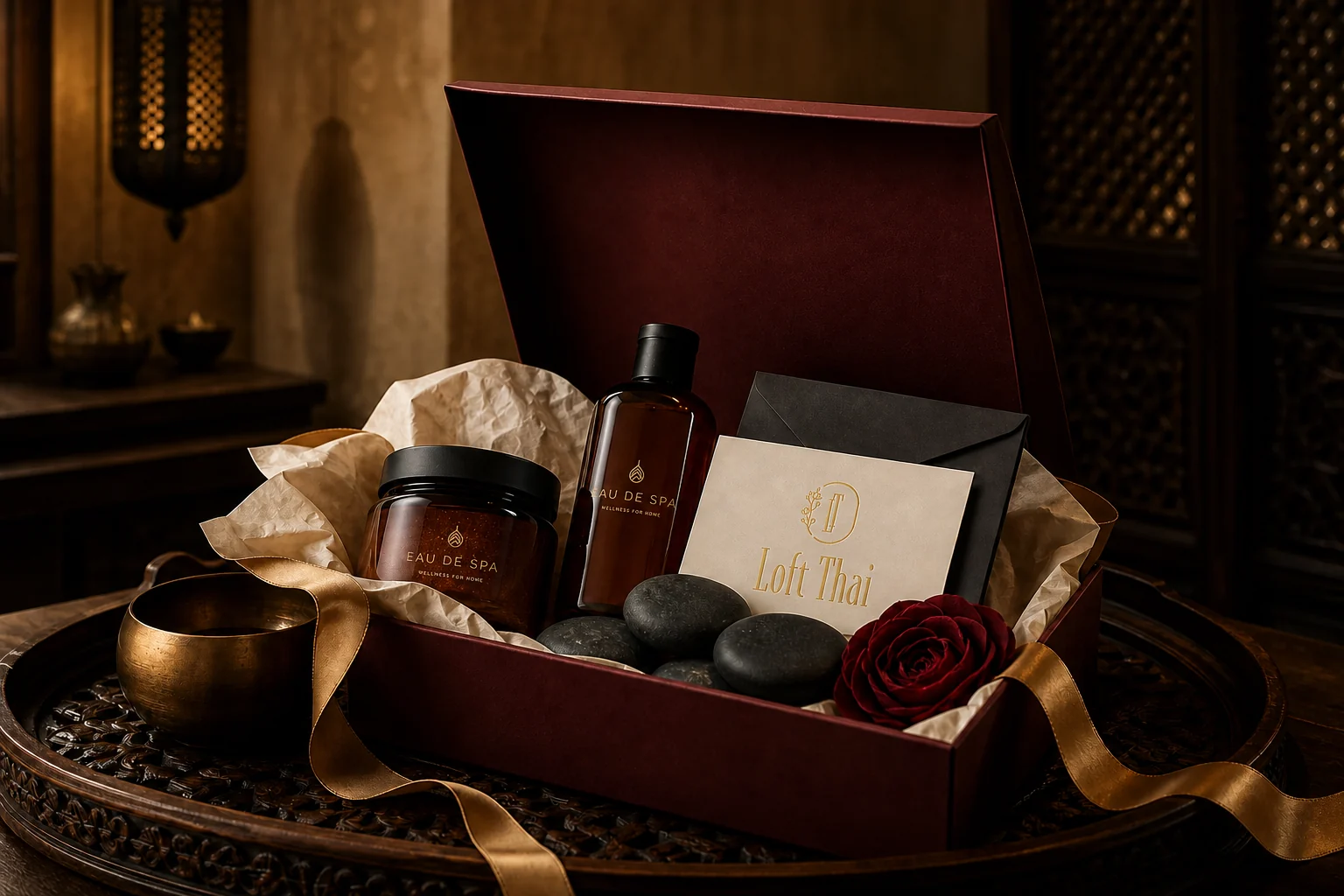 Spa Experience gift box presentation with EAU DE SPA products and a Loft Thai card